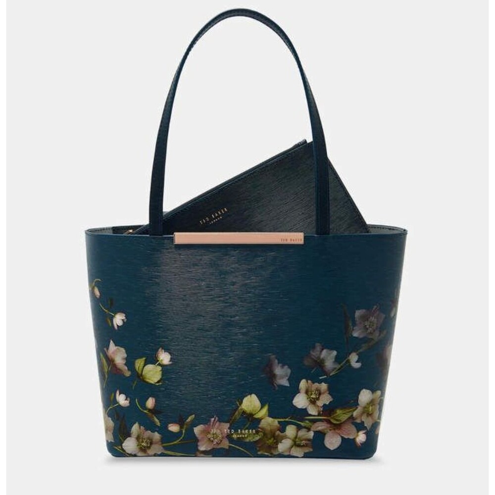 Ted Baker Arboretum Print Leather Shopper Tote Bag – Teal Floral with Rose Gold